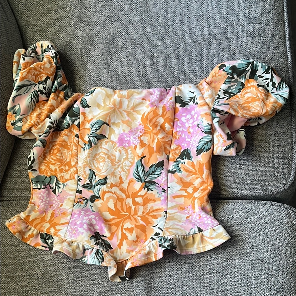 Meraki Orange and Pink Ruffled Peplum Blouse